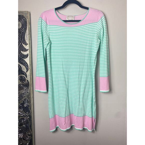 SAIL TO SABLE S SWEATER DRESS STS PINK GREEN WHITE STRIPED KNIT PREPPY COTTON - Picture 1 of 8